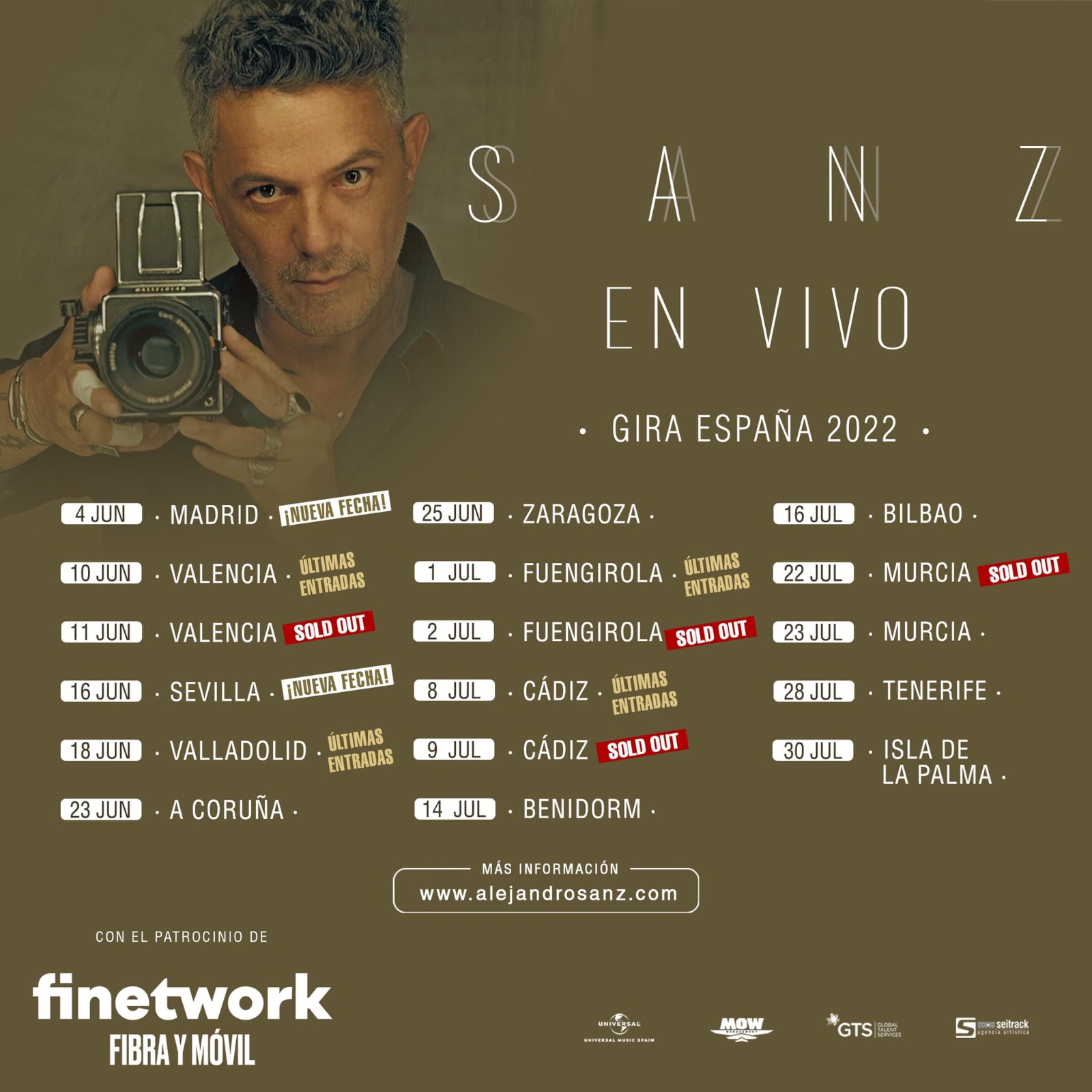 Alejandro Sanz 🎤 pasará en julio por Tenerife y La Palma con una gira renovada 🎵